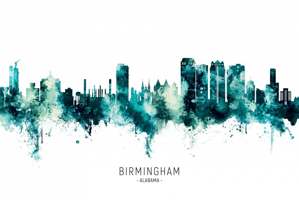 Birmingham Skyline Watercolor by Michael Tompsett — canvas wall art