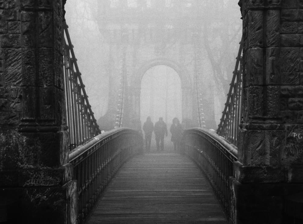 Misty Bridge Walkers by Catalin Alexandru — canvas wall art