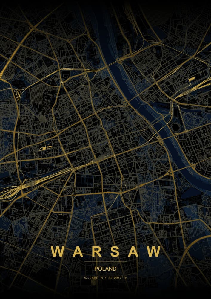 Warsaw Gold City Map by HUGO — canvas wall art