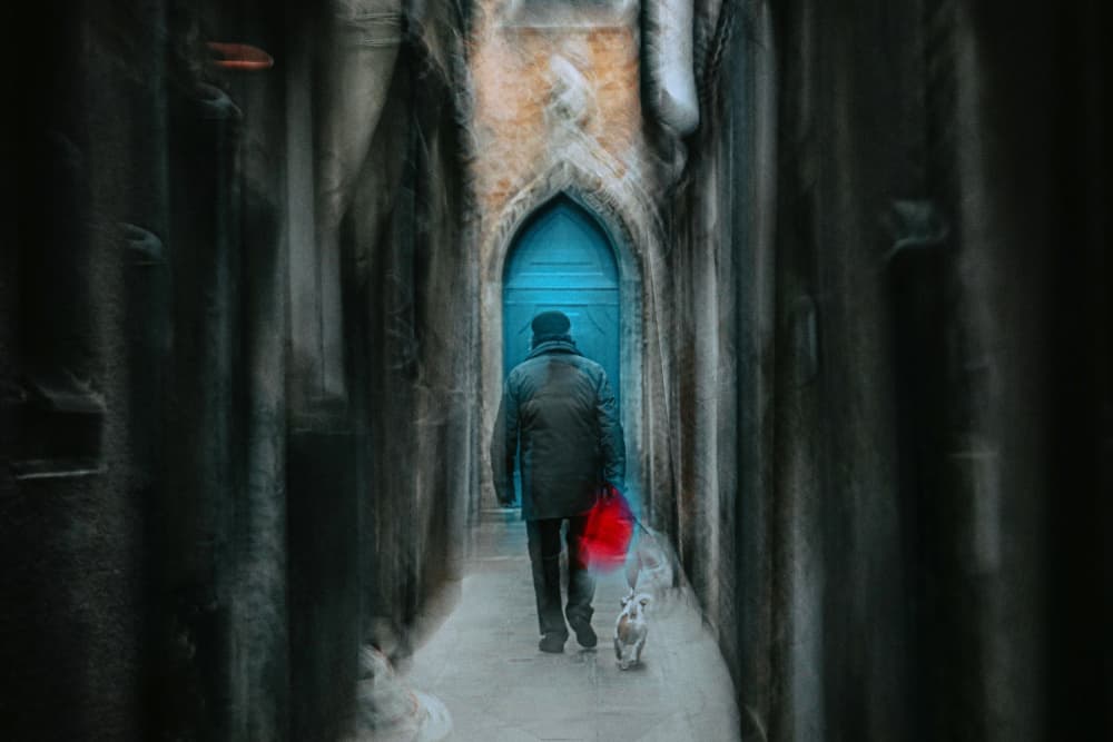 Man and Dog Blue Door by Damijan Sedevcic — canvas wall art