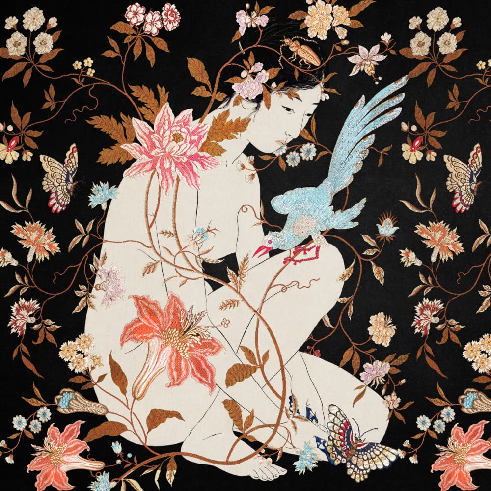 Woman In Floral Embrace by Marja van den Hurk — canvas wall art