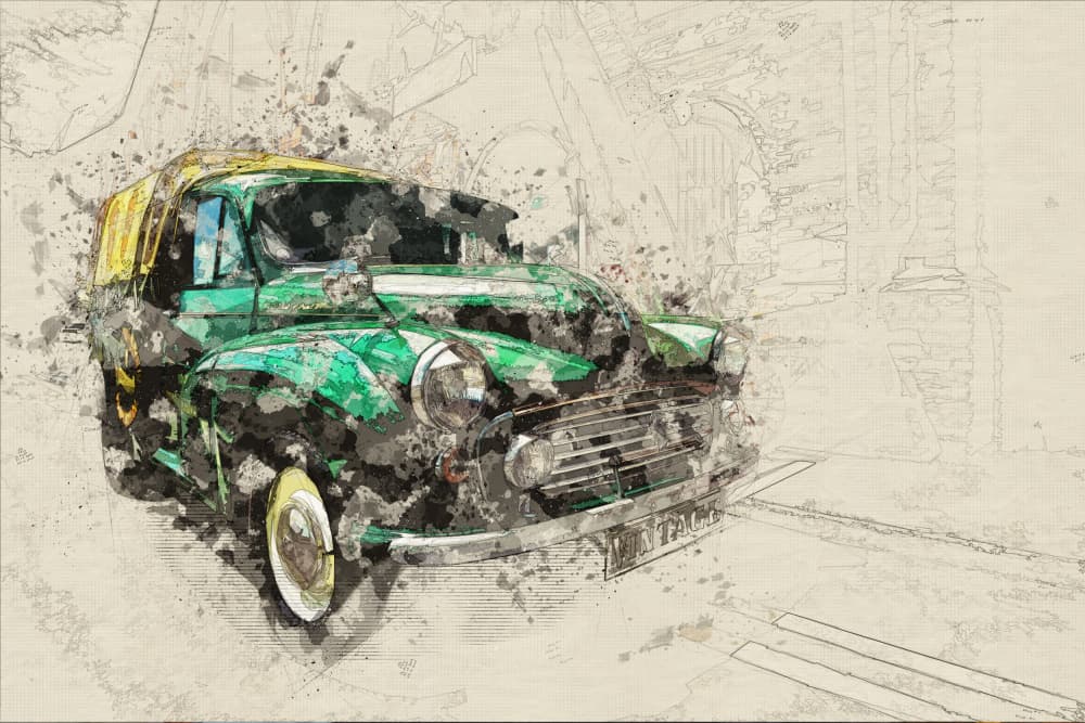 Green Old Car by Lembayung senja studio [Vintage Poster] — canvas wall art