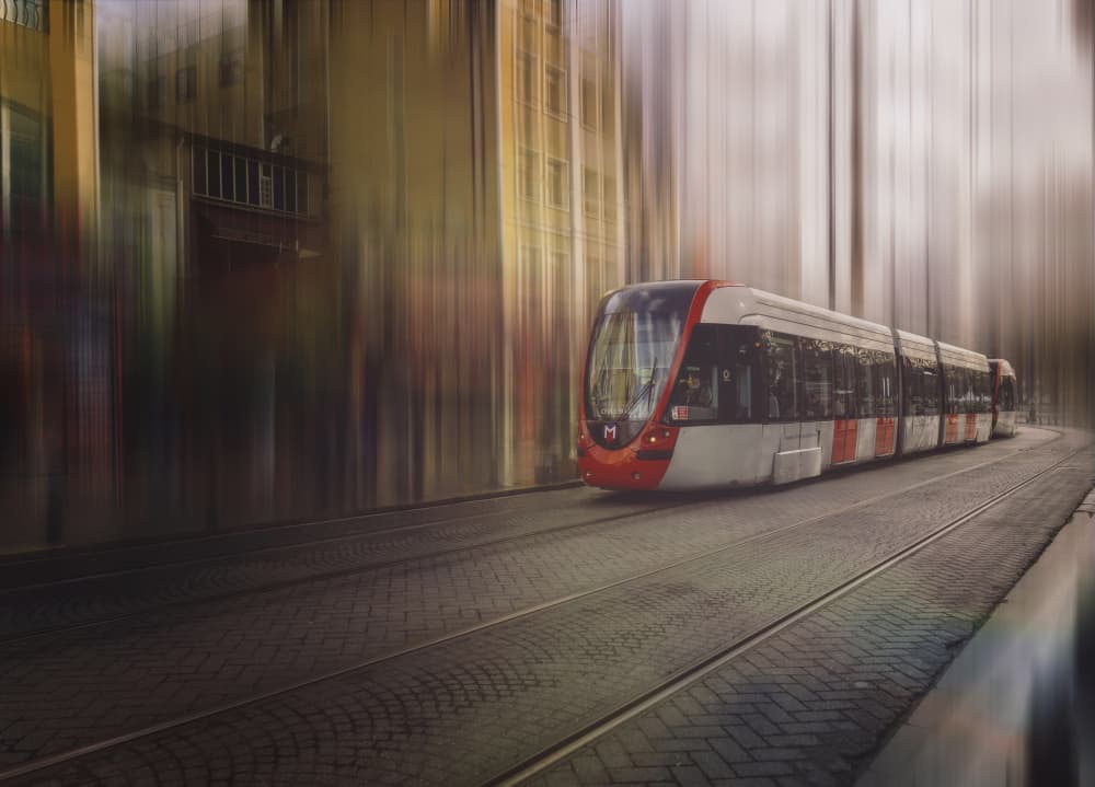 Dynamic City Tram by John-Mei Zhong — canvas wall art