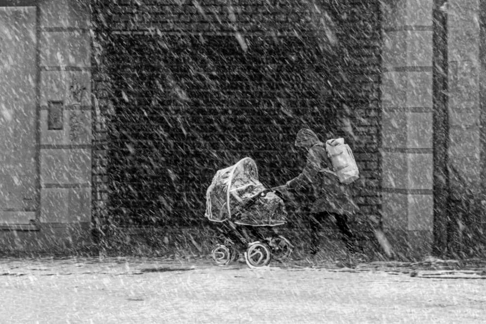 Snowy Stroller Walk by Eiji Yamamoto — canvas wall art