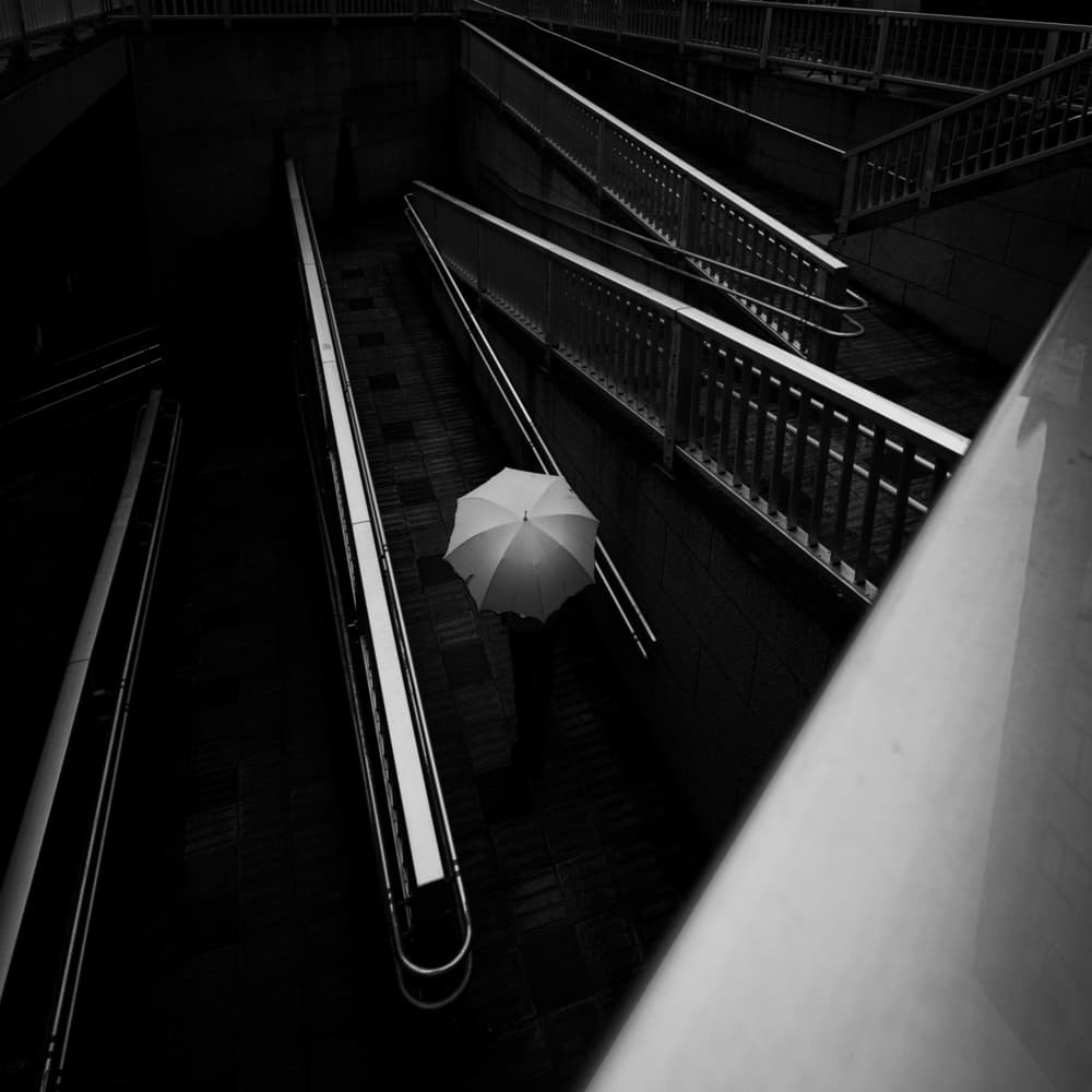 Lonely Umbrella Escalator by Yasuhiro Takachi — canvas wall art