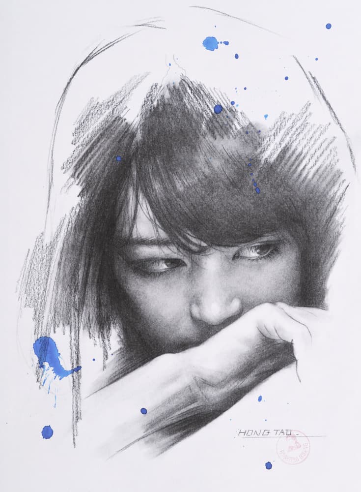 Pensive Girl Sketch by Hongtao Huang — canvas wall art