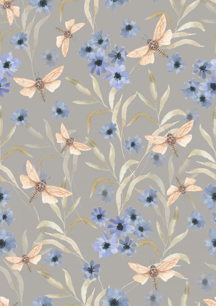 Delicate Moths and Blue Flowers by Linda Sitniece — canvas wall art
