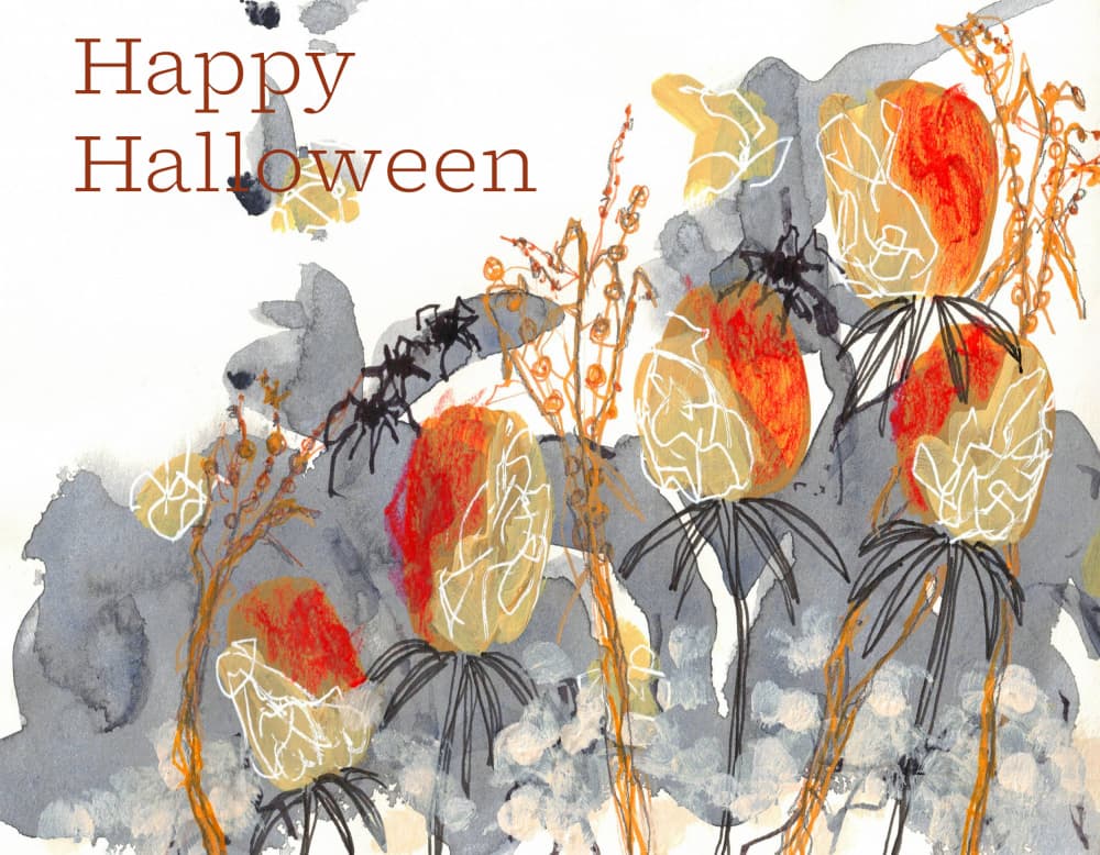 Spiders Floral Light Background Happy Halloween by Lori Ann Folz — canvas wall art