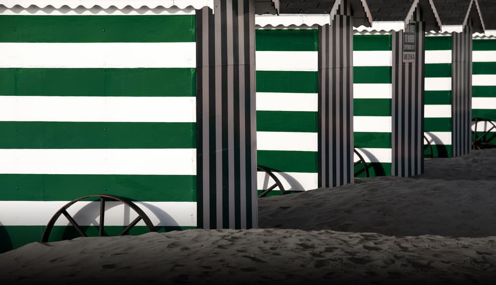 Green Striped Beach Huts by Jan Scheunders — canvas wall art