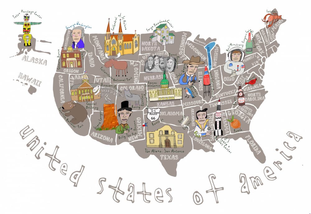 Whimsical United States Map by Carla Daly — canvas wall art