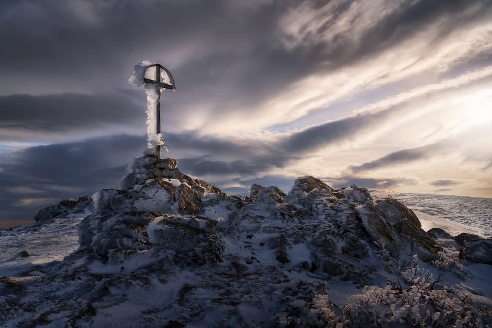 Icy Mountain Summit Cross by Javier Enjuto Garcia — canvas wall art