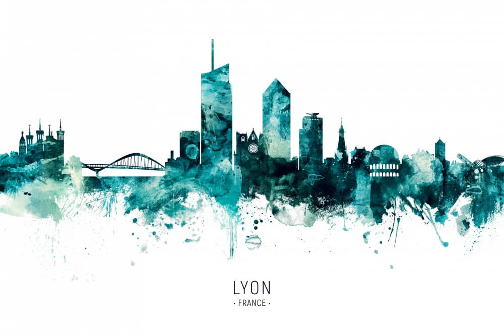 Teal Lyon Cityscape by Michael Tompsett — canvas wall art