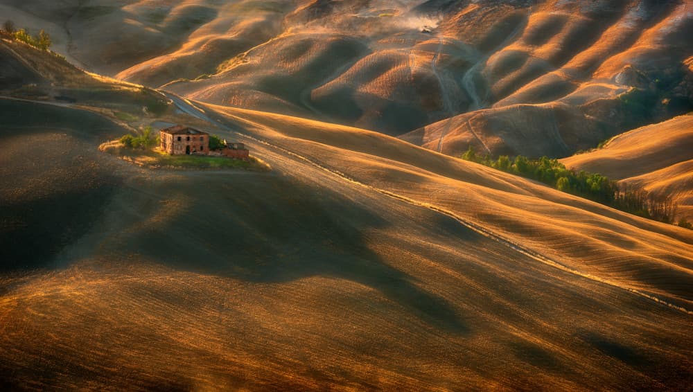 Golden Hills Farmhouse Morning by Krzysztof Browko — canvas wall art
