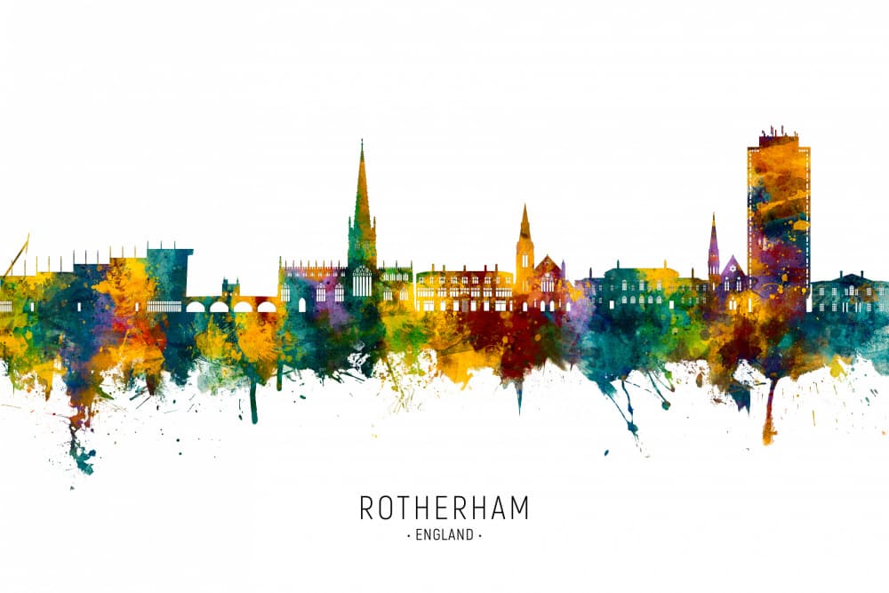 Rotherham Watercolor Skyline by Michael Tompsett — canvas wall art