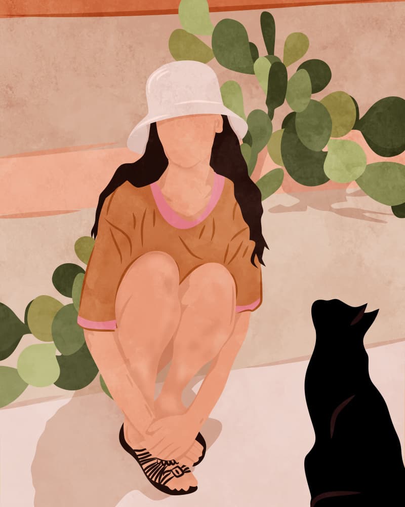 Girl with Cat and Cactus by Kintsugi99 — canvas wall art