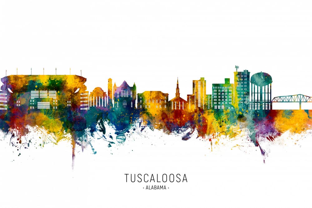 Tuscaloosa Watercolor Skyline by Michael Tompsett — canvas wall art