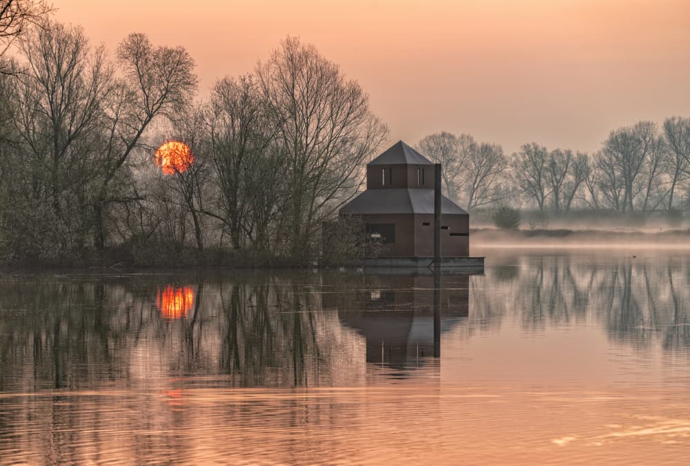 Golden Morning Lake House by Marion Keijzer — canvas wall art