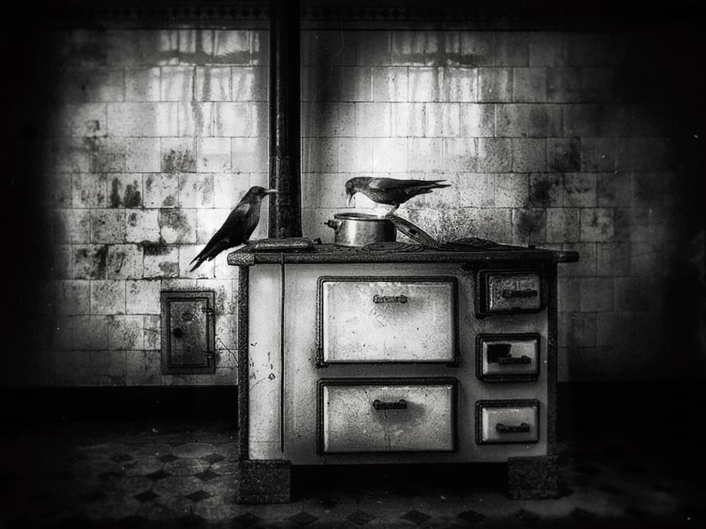 Crows On Vintage Stove by Holger Droste — canvas wall art