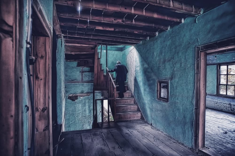 Man Ascending Old Stairs by nebula — canvas wall art
