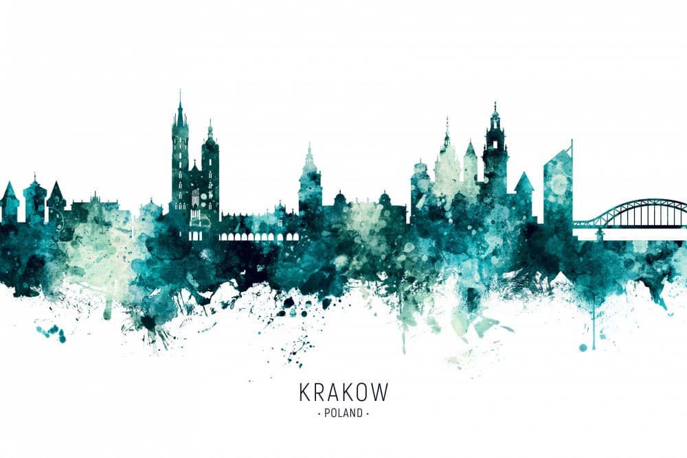 Krakow Watercolor Skyline by Michael Tompsett — canvas wall art