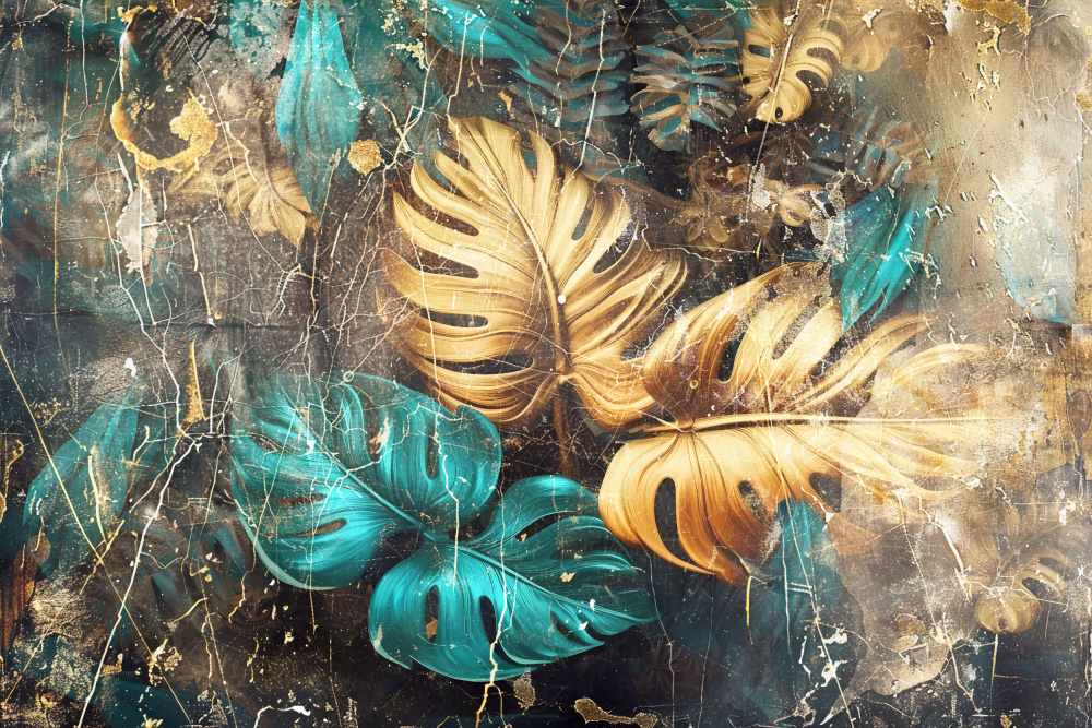 Tropical Gold Teal Leaves by Rafal Kulik — canvas wall art