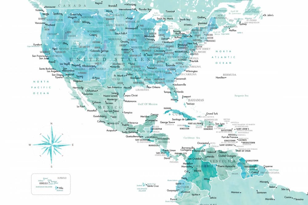 Watercolor Americas Map by Rosana Laiz Blursbyai — canvas wall art