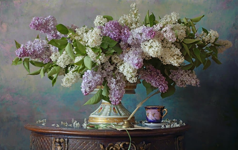 Still life with lilac flowers by Andrey Morozov — canvas wall art