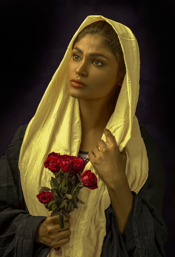 Thoughtful Woman with Roses by DEBASISH CHATTOPADHYAY — canvas wall art