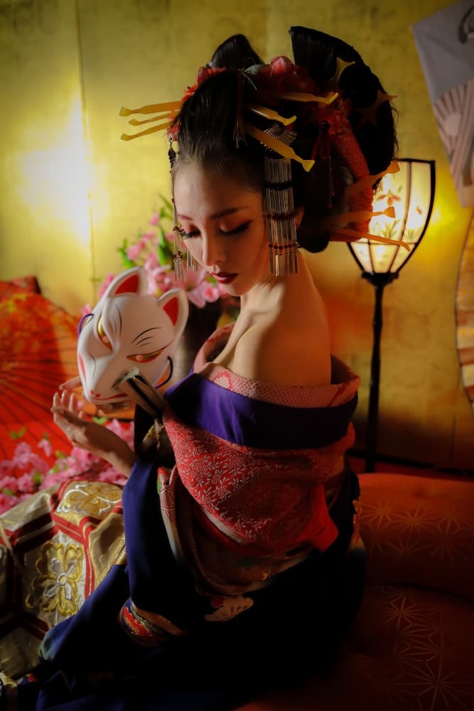 Serene Geisha Kitsune Mask by boss — canvas wall art
