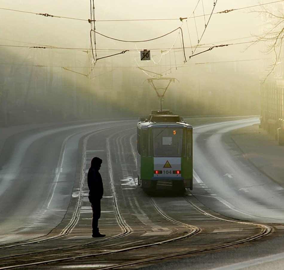 Misty Morning Tram by Anna Niemiec — canvas wall art
