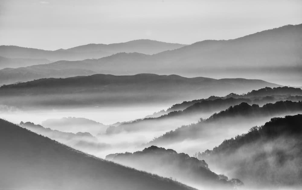Misty Mountain Layers by Jenny Qiu — canvas wall art