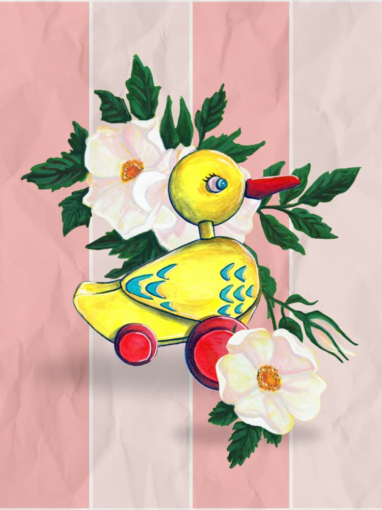 Playful Duck and Roses by Renee Machan Cottagecore Artist — canvas wall art