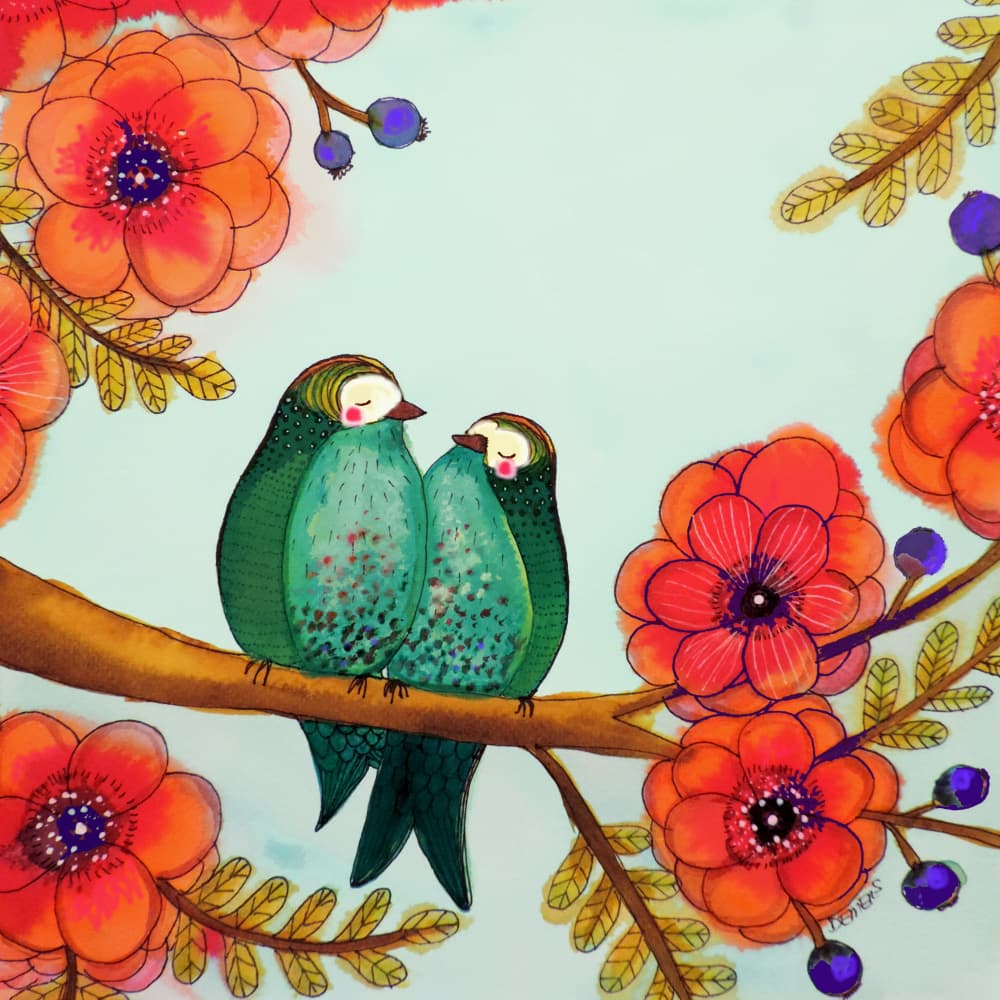 Lovebirds on a Branch by Sylvie Demers — canvas wall art