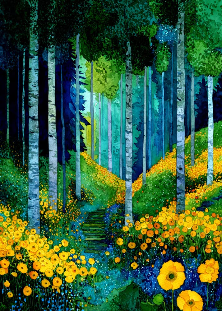 Yellow Flower Forest Path by Justyna Jaszke — canvas wall art