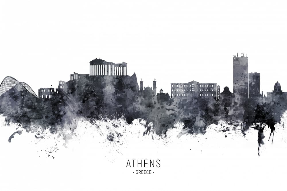 Athens Watercolor Skyline by Michael Tompsett — canvas wall art