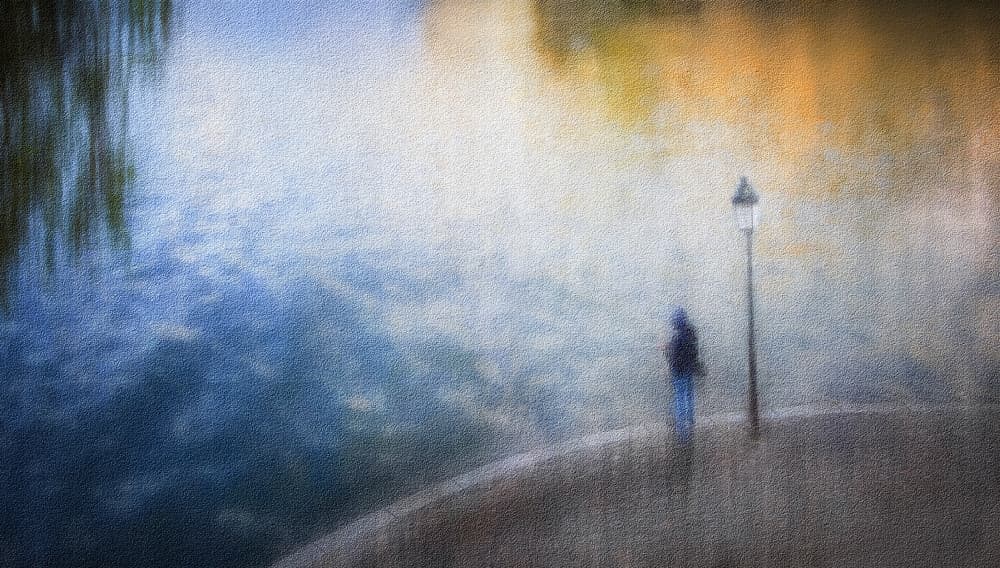 Misty Riverside Stroll by Annette Guo — canvas wall art