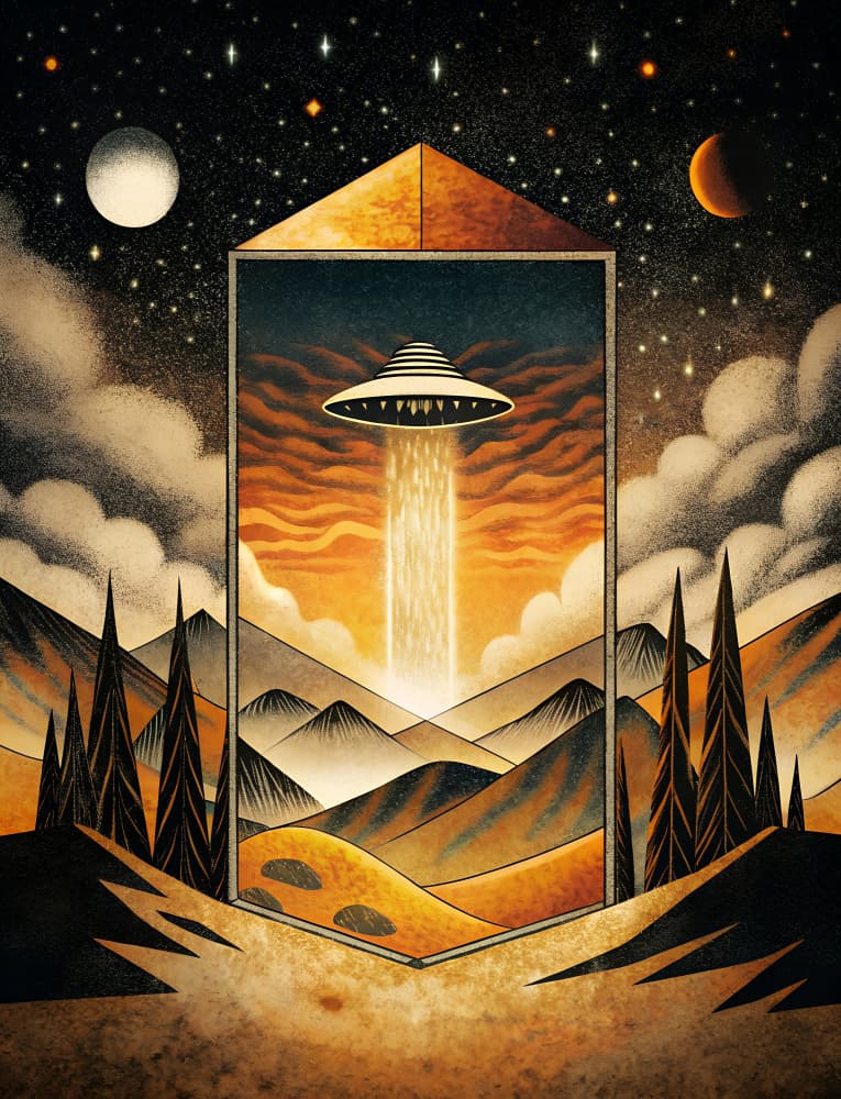 Retro UFO Night Scene by Miguel Bruzual — canvas wall art