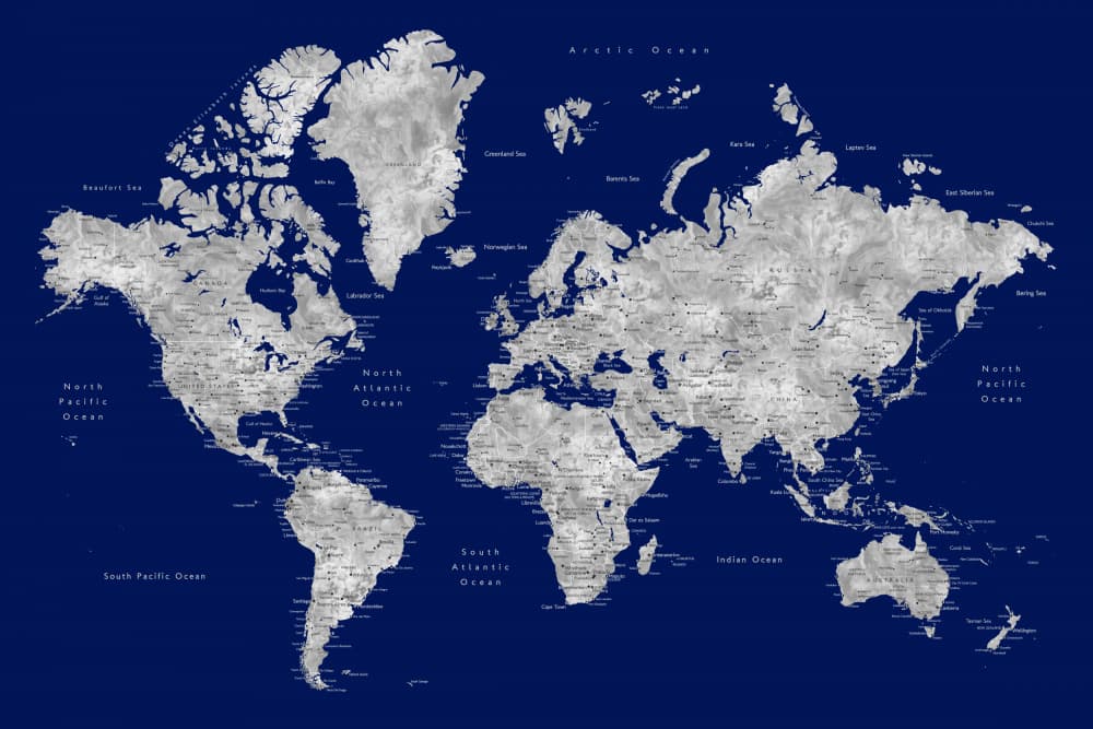 Blue Silver World Map by Rosana Laiz Blursbyai — canvas wall art