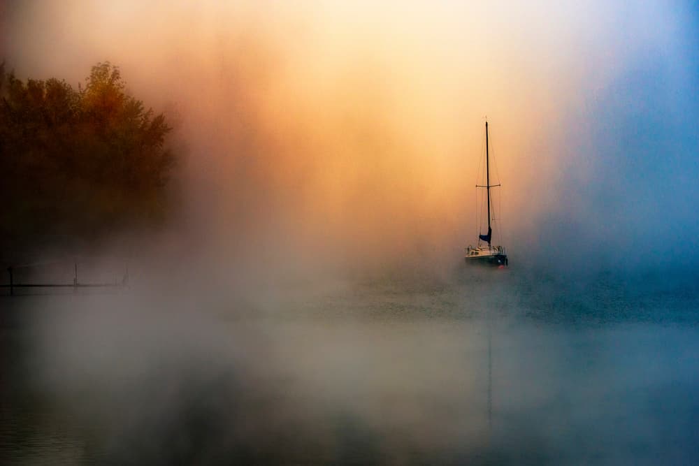 Misty Morning Sailboat by Zoran Dujic LightHunter — canvas wall art