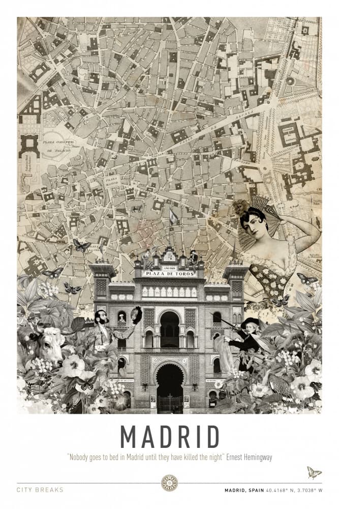 Madrid Vintage Map Collage by Simon Goggin — canvas wall art