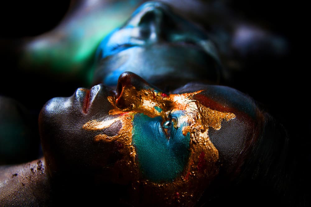 Golden Teal Faces by Ivan Kovalev — canvas wall art