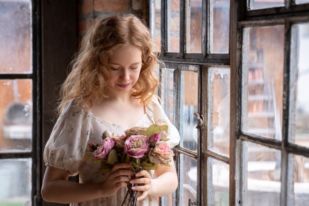Girl With Pink Flowers by Ruth Franke — canvas wall art