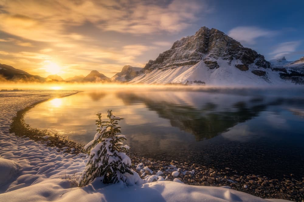 Golden Winter Mountain Lake by Yongnan Li （李永男） — canvas wall art