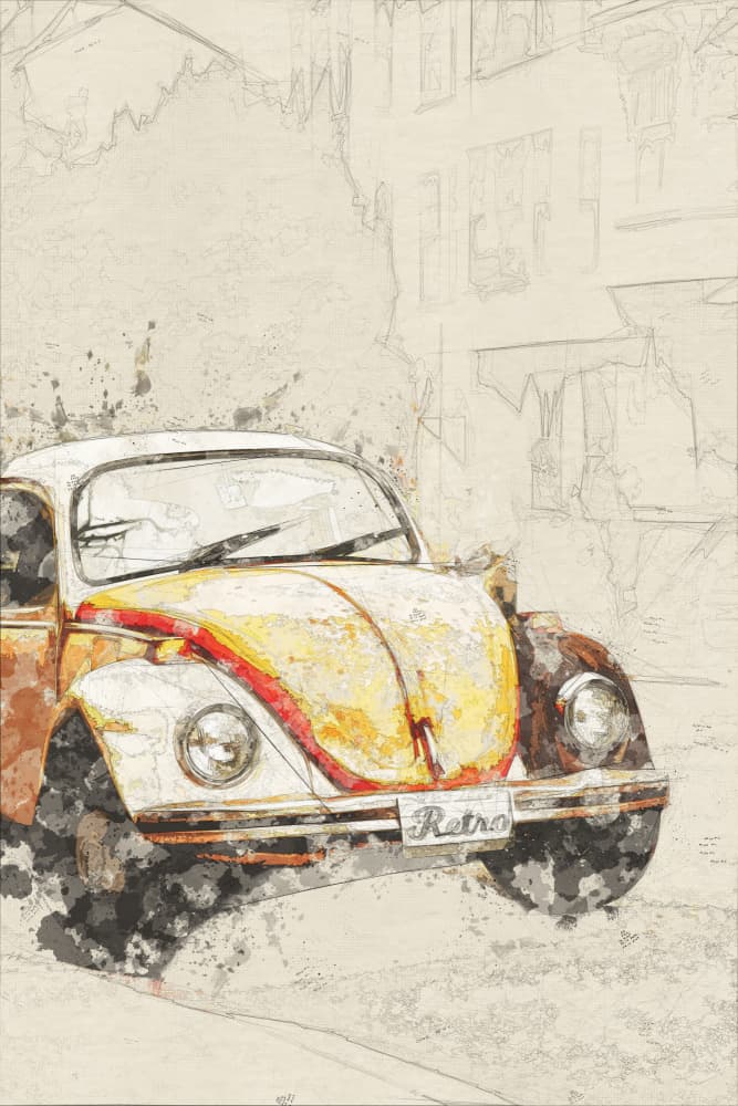 Retro Yellow Beetle by Lembayung senja studio [Vintage Poster] — canvas wall art
