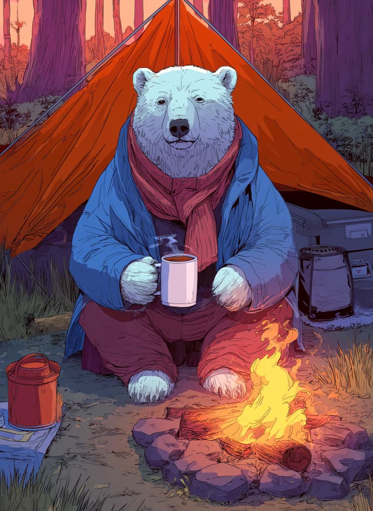 Polar Bear Campfire Coffee by Justyna Jaszke — canvas wall art