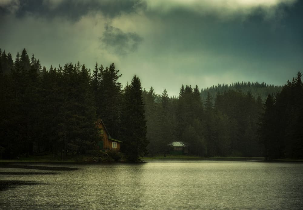 Moody Forest Lake Cabin by Hristo Yordanov — canvas wall art