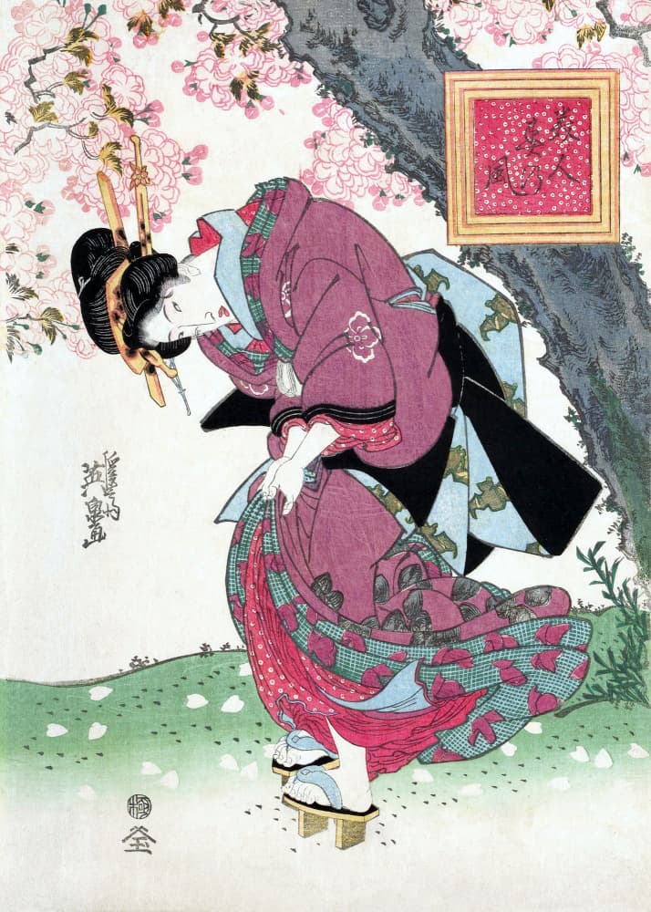 Japanese Woman and Cherry Blossom (1828) Vintage Woodblock Prints by Keisai Eisen — canvas wall art