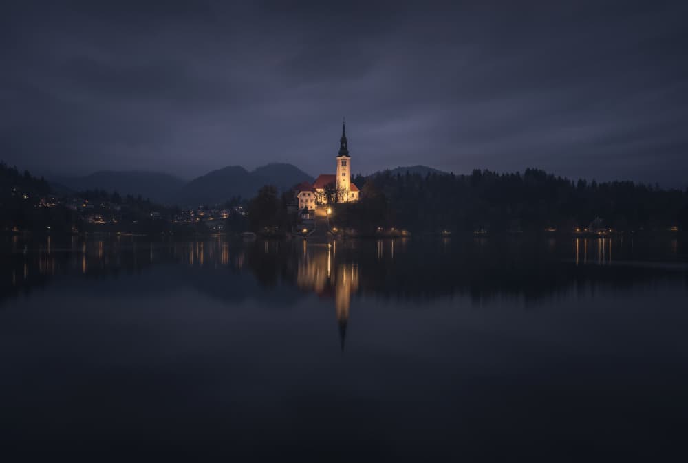 Bled Island Night Reflection by Thomas de Franzoni — canvas wall art