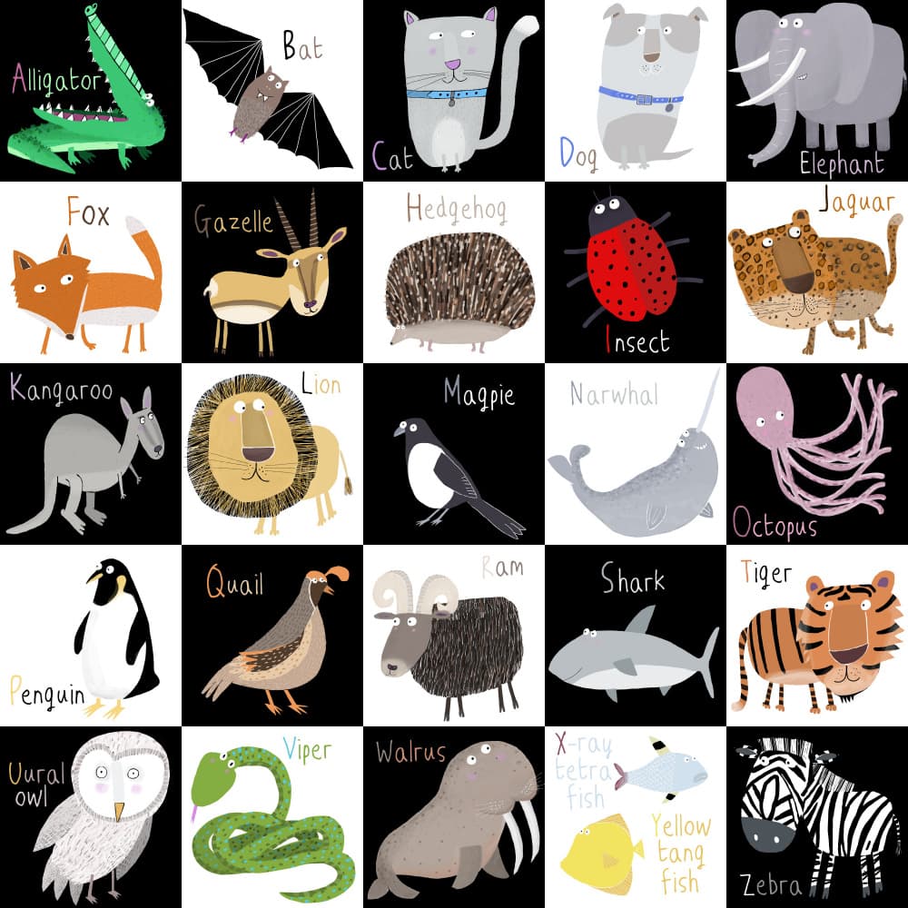 Cute Animal Alphabet with Black White Background by Artist Carla Daly by Carla Daly — canvas wall art