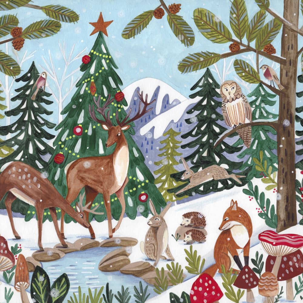 Animals in the mountains Christmas by Caroline Bonne Müller — canvas wall art
